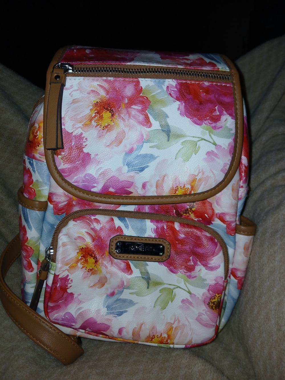 Rosetti Floral Backpack in Pink, White & Tan Trim